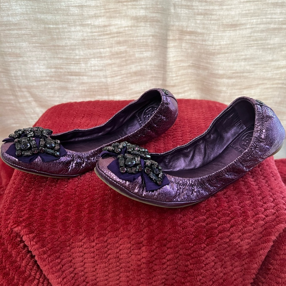 Tory Burch Azalea Crystal Bow Ballerina Flats Metallic Purple Ballet Size 8.5